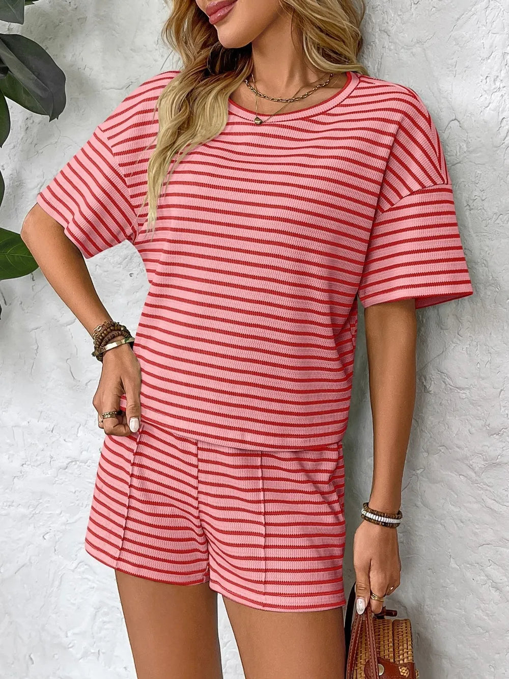 Striped Round Neck Short Sleeve Top and Shorts Set - Enfance-Heureuse