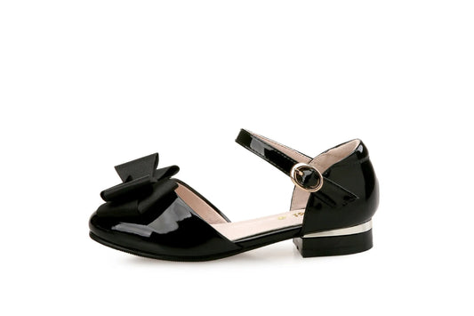 Big Kids' Hollow Velcro Patent Leather Shoes With Bow - Enfance-Heureuse