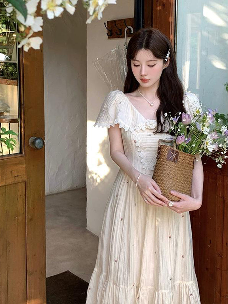 French Vintage Embroidered Floral Dress - Enfance-Heureuse