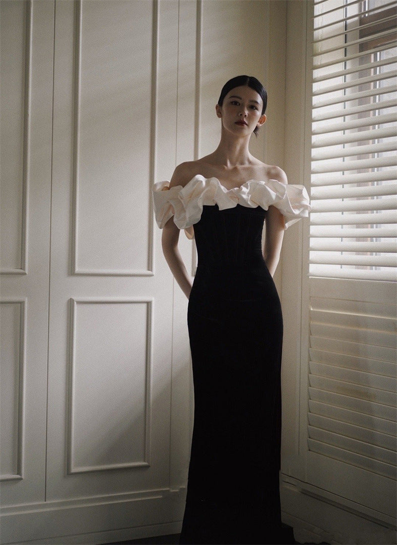 French Satin Evening Dress New Bridal Off-shoulder Elegant Fishtail Welcome Dress - Enfance-Heureuse