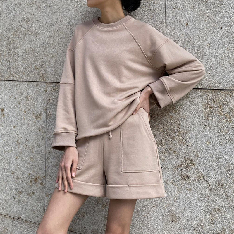 Women's Fashion Casual Solid Color Round Neck Long Sleeve Sweater Shorts Set - Enfance-Heureuse