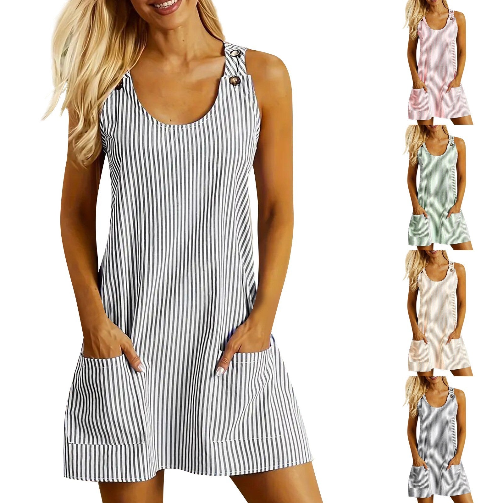 Summer Fashion Striped Patchwork Commuting U-Neck Sleeveless Pockets Back Button Casual Straight Slimming Mini Dress For Women - Enfance-Heureuse