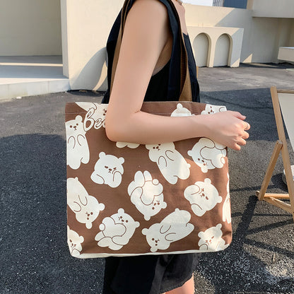 Cute Bear Printed Canvas Bag Women All-match Shoulder Bags Student Large Capacity Daily Handbags - Enfance-Heureuse
