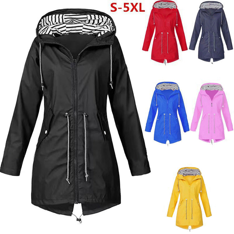 Womens Waterproof Raincoat Casual Basic Outdoors Drawstring Trench Lightweight Drawstring Jackets Hiking Clothes For Women - Enfance-Heureuse