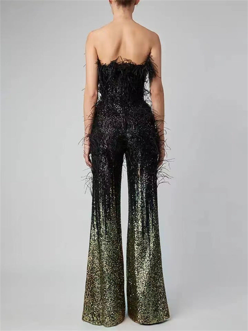 Ostrich Feather Gradient Sequin Tube Top Jumpsuit - Enfance-Heureuse