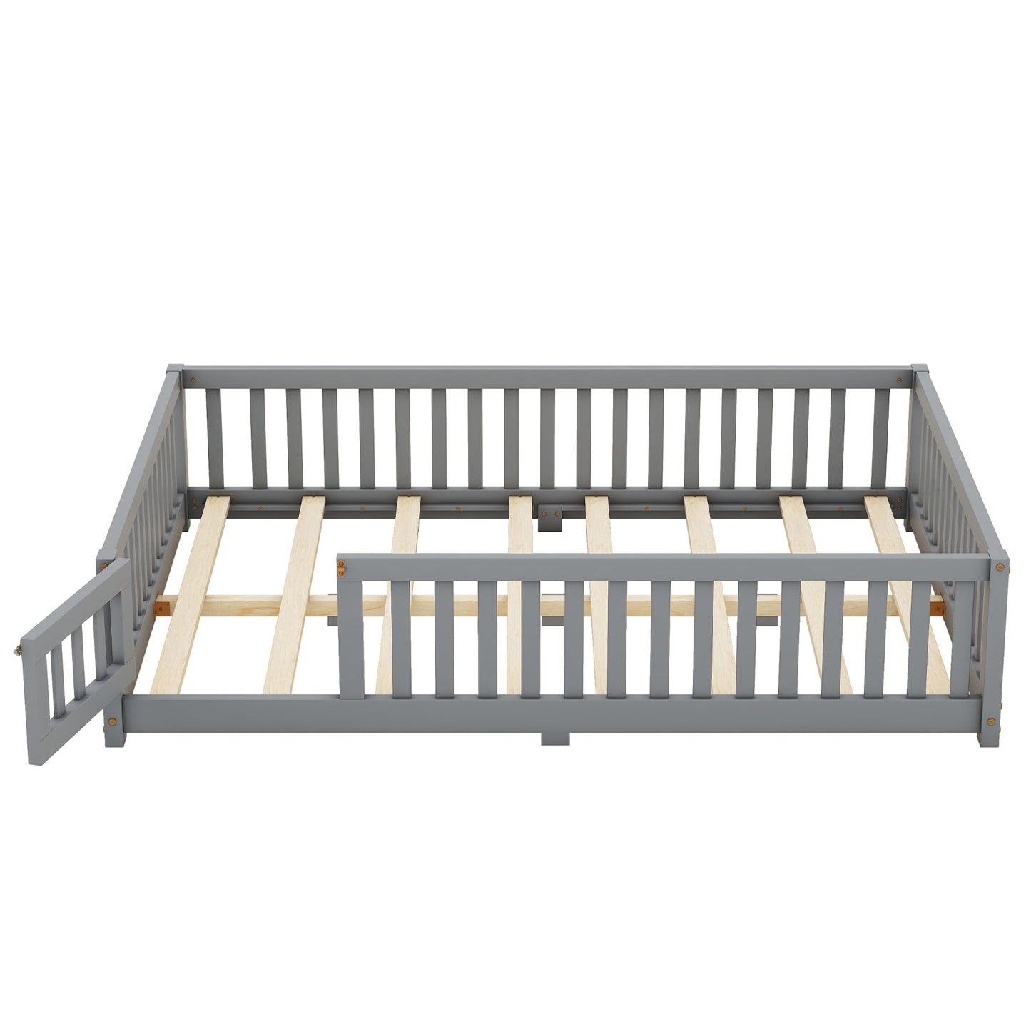 Full Size Bed Floor Bed With Safety Guardrails And Door For Kids, Gray - Enfance-Heureuse