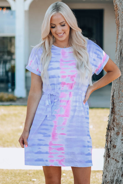 Women Tie-Dye Belted T-Shirt Dress - Enfance-Heureuse