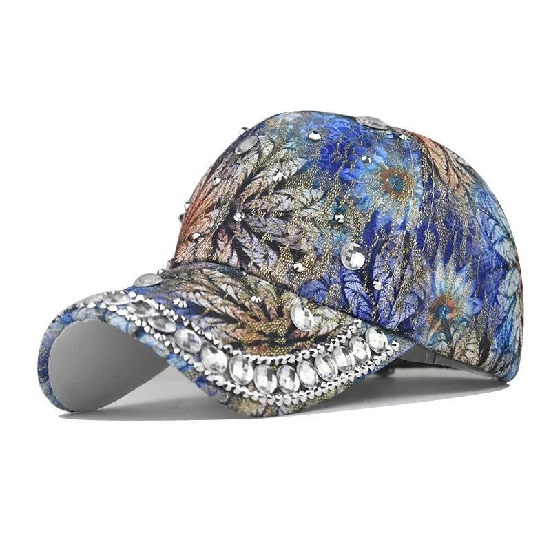 Gorra de béisbol con protección solar para exteriores, colorida, con diamantes de imitación y diseño de ojo de gato