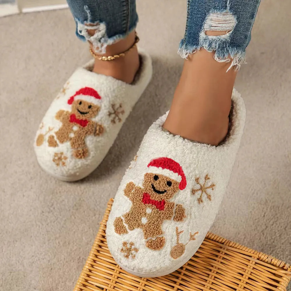 Christmas Snowflake Gingerbread Slippers Winter Indoor Non-slip Floor Bedroom Fuzzy House Shoes For Women Home Slippers - Enfance-Heureuse