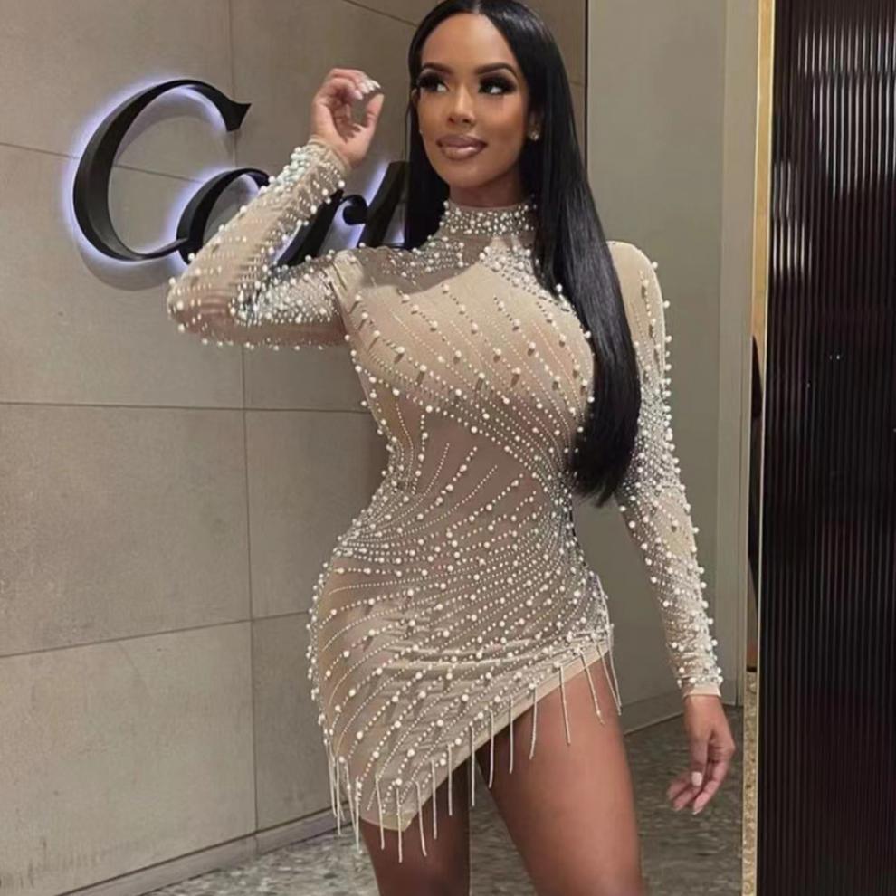 Heavy Industry Pearl Rhinestone Stretch Side Seam Tassel Short Dress - Enfance-Heureuse