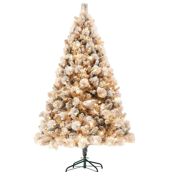 HOMCOM 6.5 Ft Pre-Lit Artificial Christmas Tree With 350 Clear Lights And 1107 Tips, Snow Flocked Christmas Tree With Metal Stand, Hinged Xmas Tree For Home Office Holiday, Green - Enfance-Heureuse