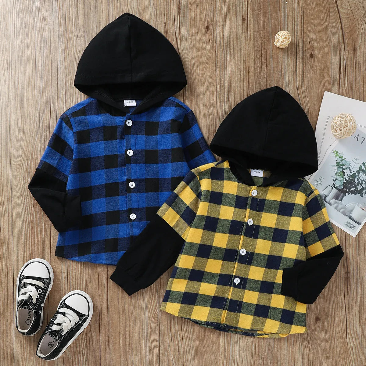 Hooded Plaid Sleeves Single Breasted Top Boys Middle Child Shirt Jacket - Enfance-Heureuse