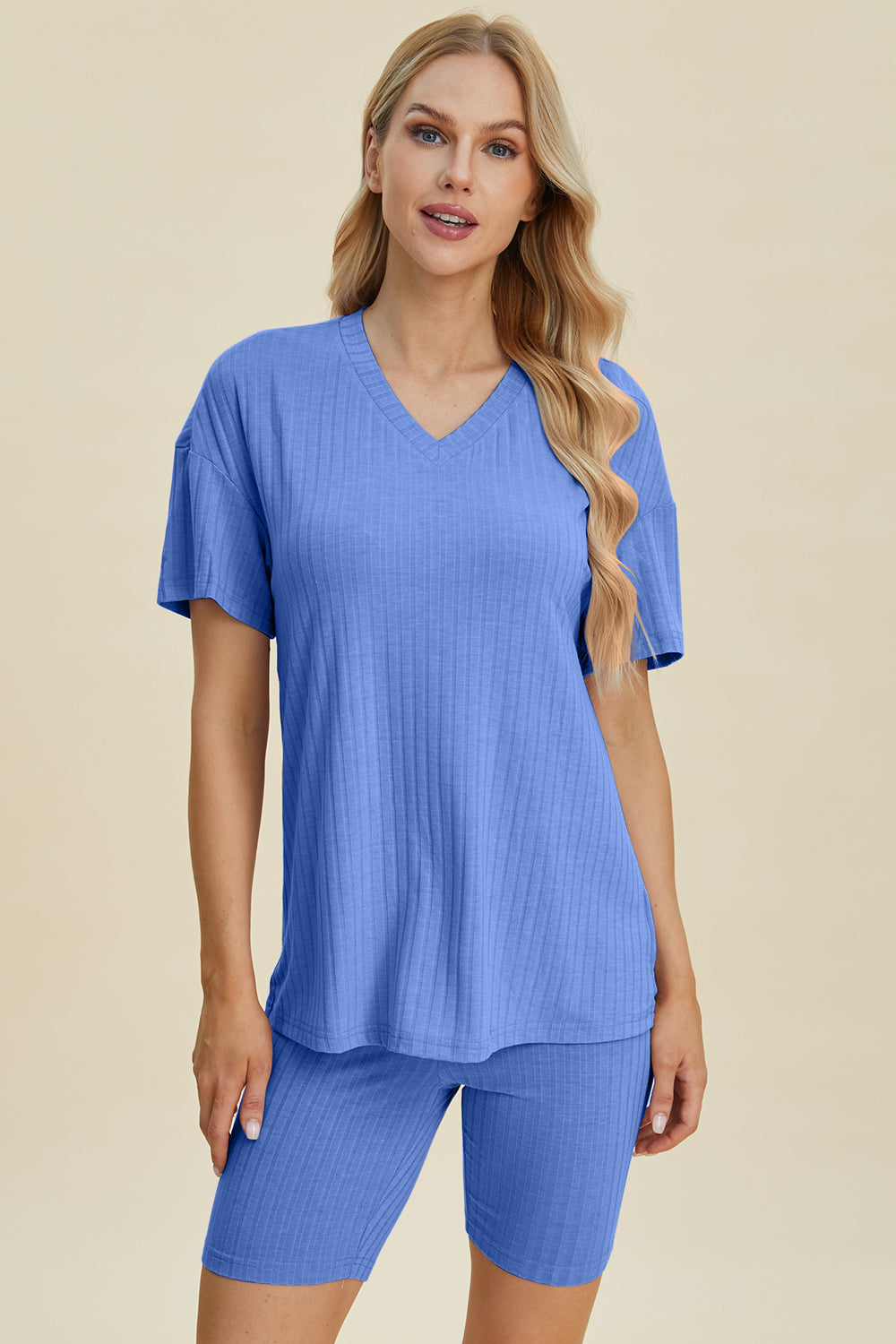 Basic Bae Full Size Ribbed V-Neck Short Sleeve Top and Shorts Set - Enfance-Heureuse