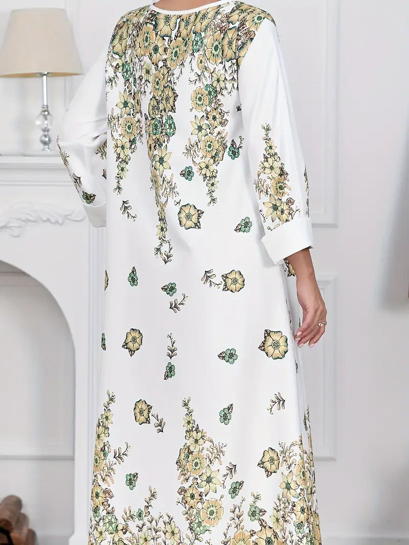 Elegant Flower Diamond Robe Dress - Women's Long Sleeve Round Neck Long Dress - Enfance-Heureuse