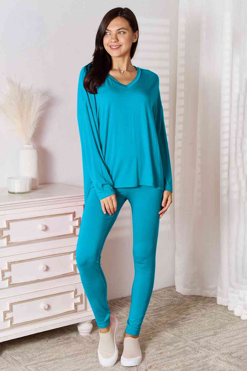 Basic Bae Full Size V-Neck Soft Rayon Long Sleeve Top and Pants Lounge Set - Enfance-Heureuse