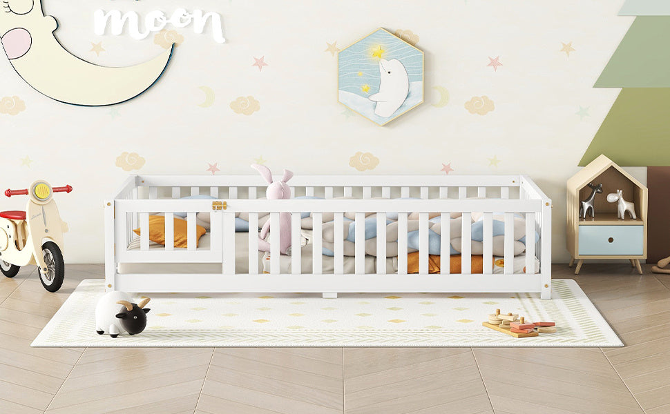 Twin Size Bed Floor Bed With Safety Guardrails And Door For Kids, White - Enfance-Heureuse