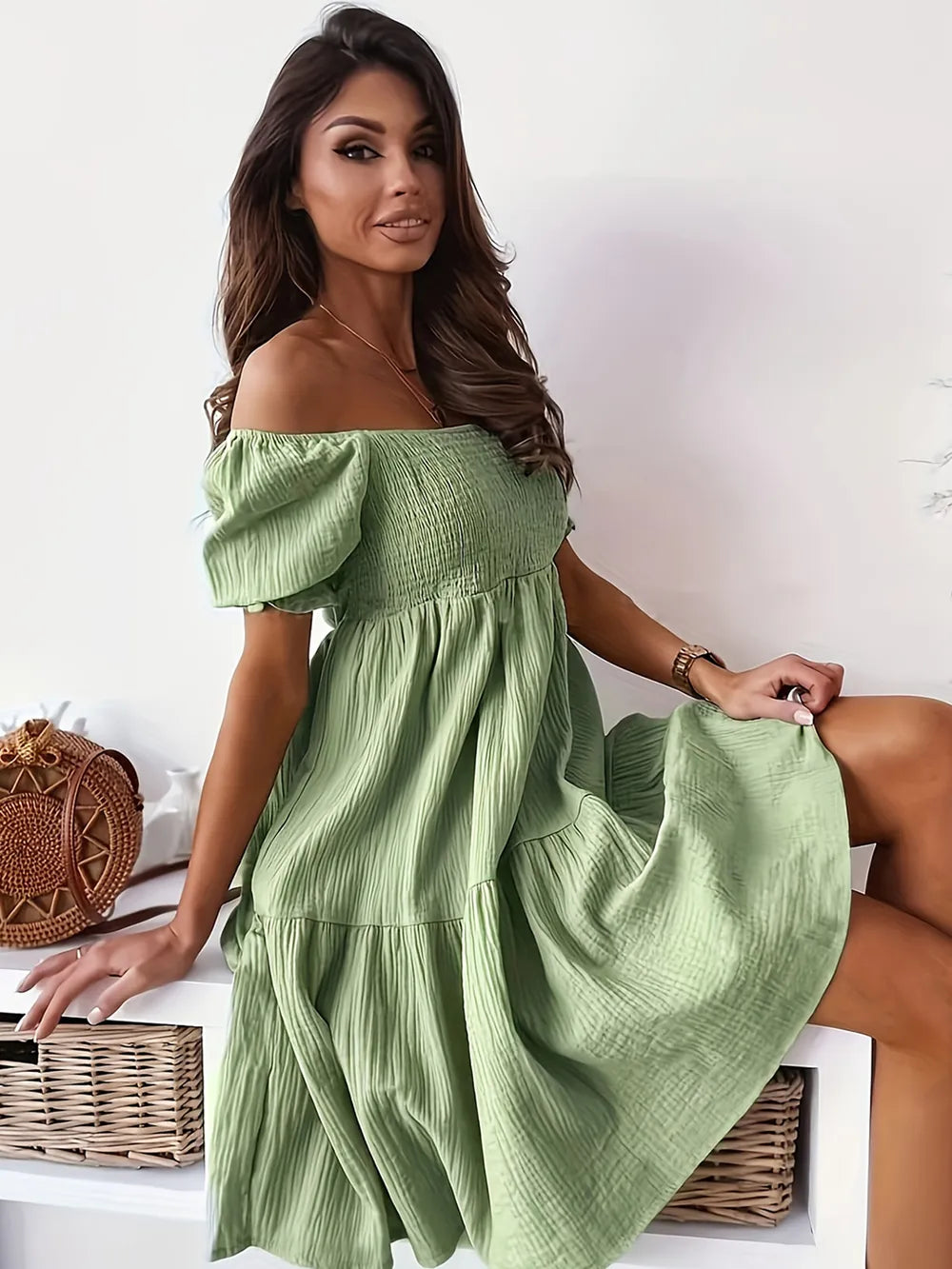 Full Size Ruffled Off-Shoulder Short Sleeve Dress - Enfance-Heureuse