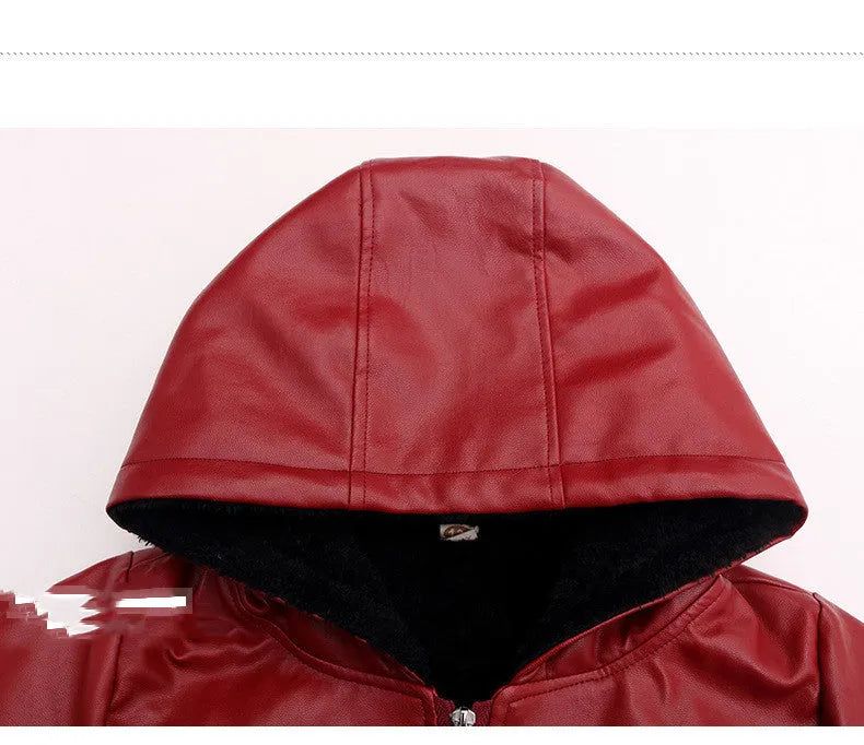 PU Leather Jacket Children's Wear Hooded Padded Coat - Enfance-Heureuse