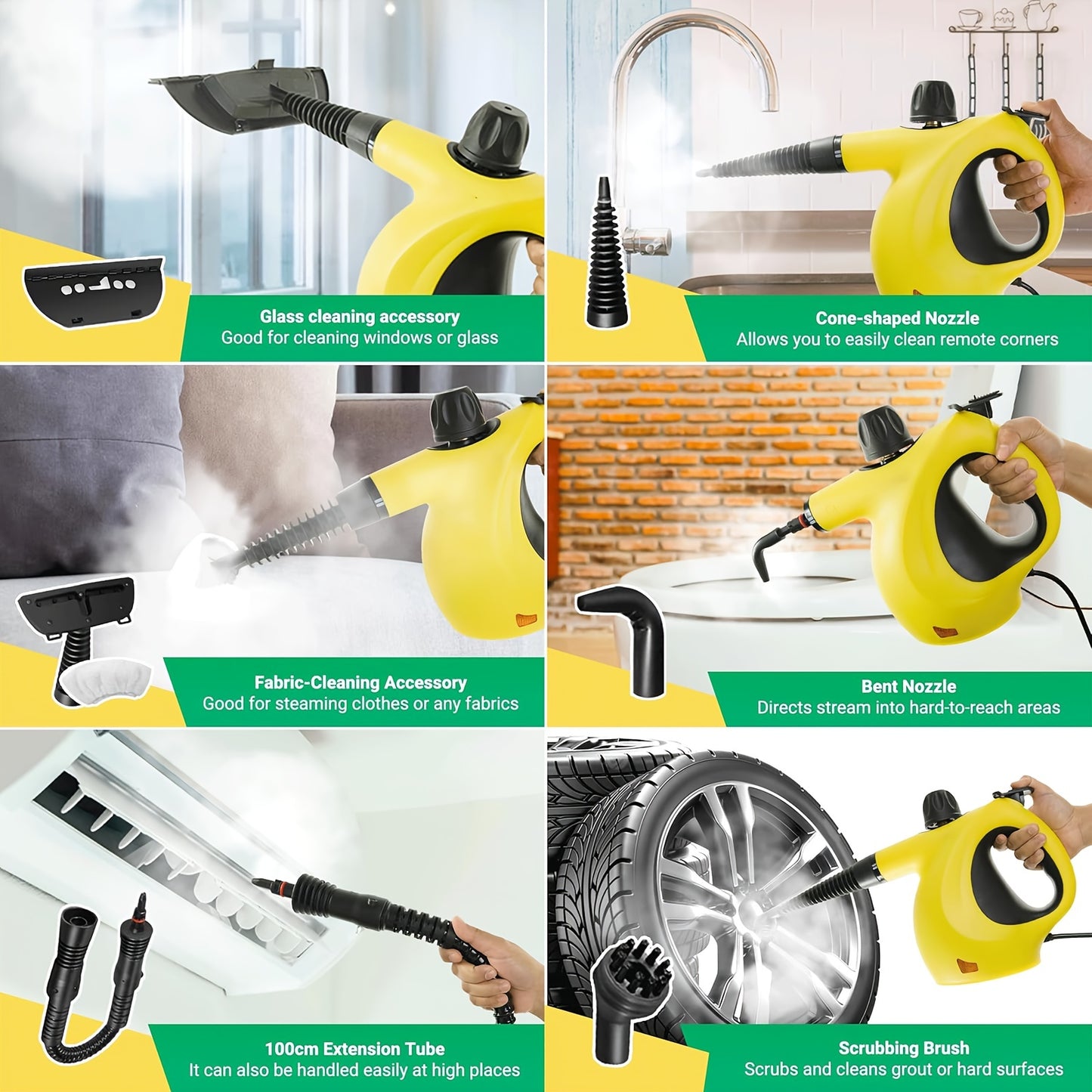 Handheld Multi-Surface Pressurized Steam Cleaner With 12 Accessories, Multi-Purpose Steam Generator For Household Water Tank, Natural Steam Cleaning, Yellow - Enfance-Heureuse