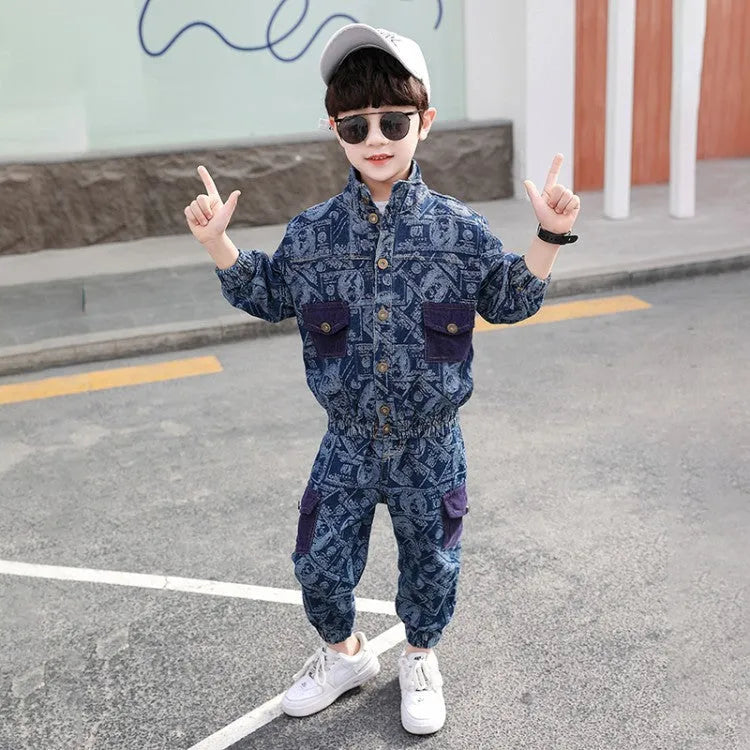 Fashion Simple Print Boy Denim Suit - Enfance-Heureuse