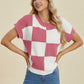 Double Take Full Size Checkered Round Neck Short Sleeve Sweater - Enfance-Heureuse