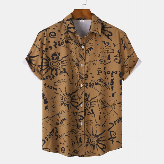 Men's Plus Size Vintage Sun Print Short Sleeve Button-Up Shirt - Enfance-Heureuse