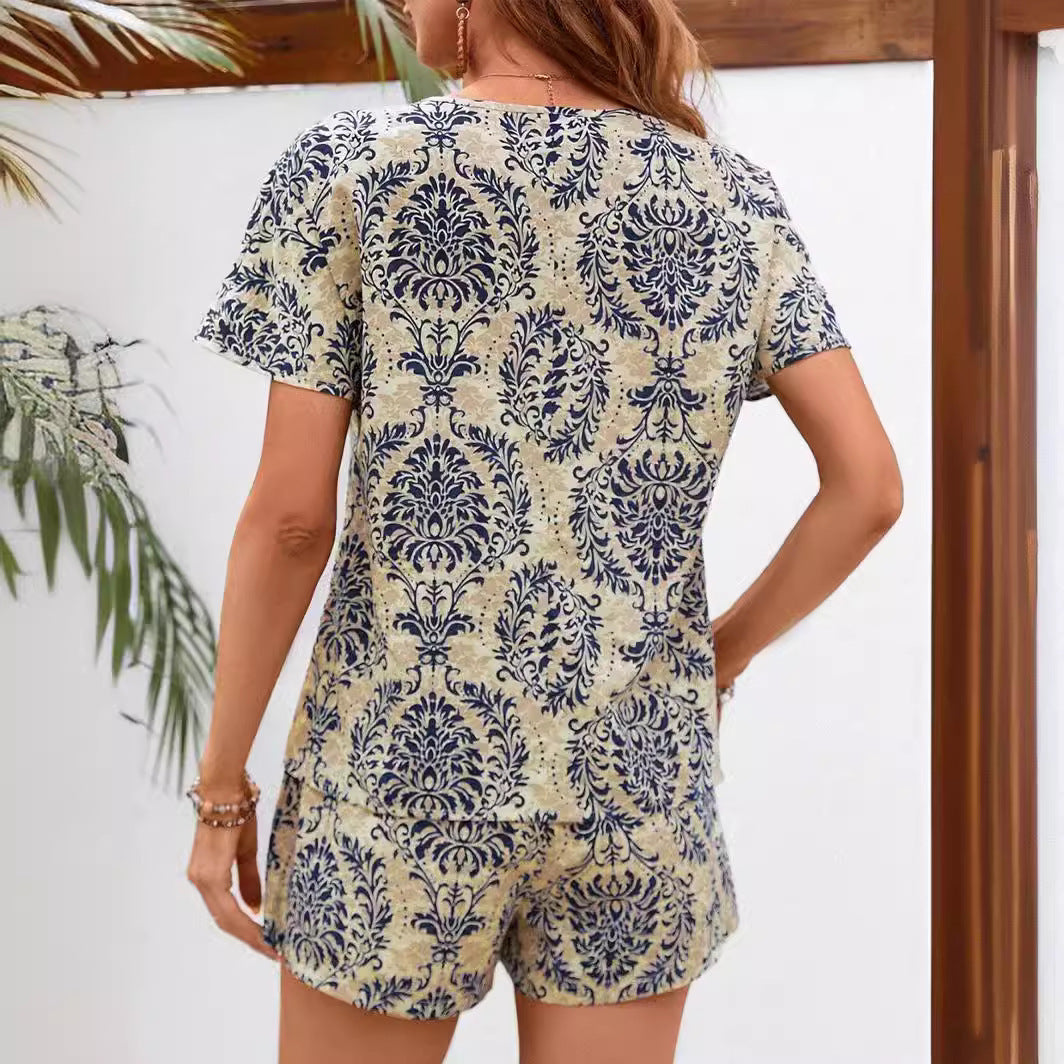 Loose Printed Casual Suit V-neck Short Sleeve Top Elastic Waist Shorts - Enfance-Heureuse