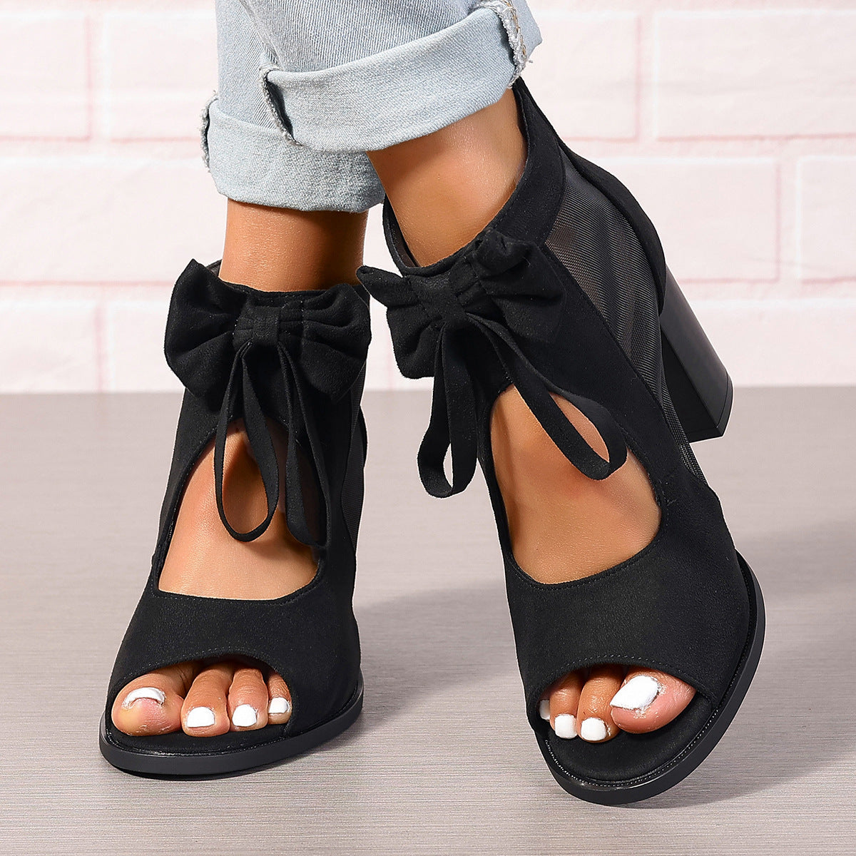 Large Size Thick Heel High Heels Women's Bow Sandals - Enfance-Heureuse