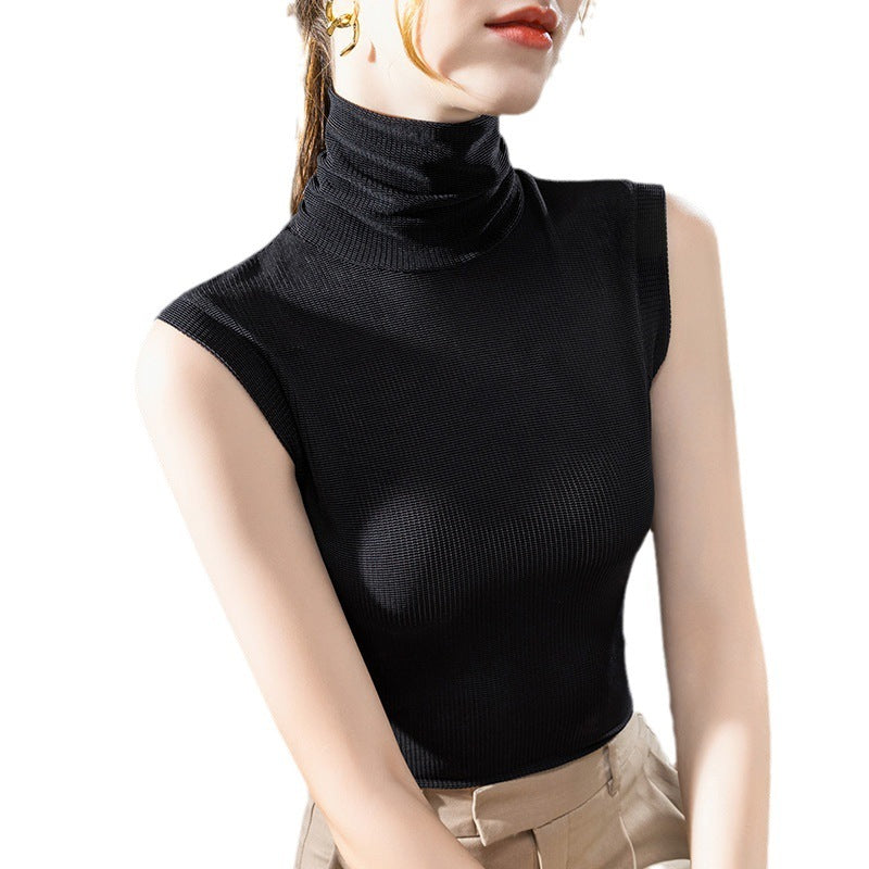 Ladies New Turtleneck Grenadine Solid Color Waist Tight Sleeveless Top - Enfance-Heureuse
