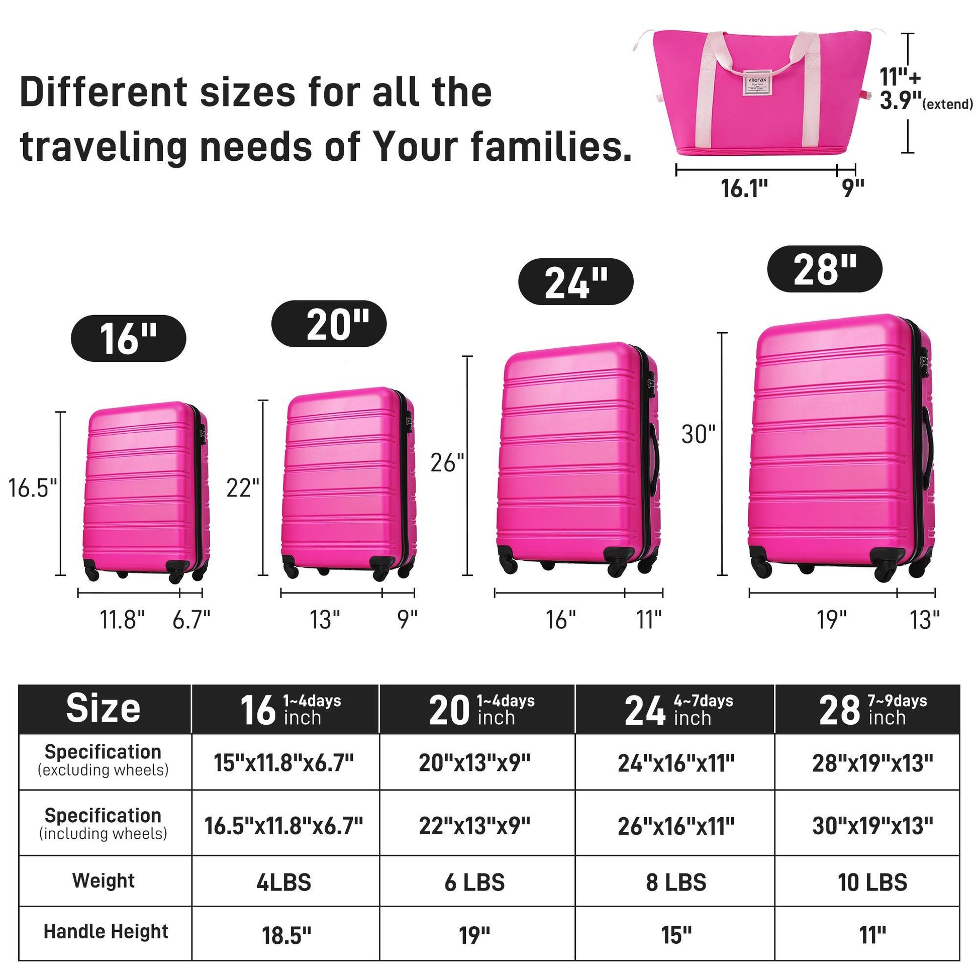 Hardshell Suitcase Set Of 4 Pieces, Light 16 Inches, 20 Inches, 24 Inches, 28 Inches, Luggage Case. - Enfance-Heureuse