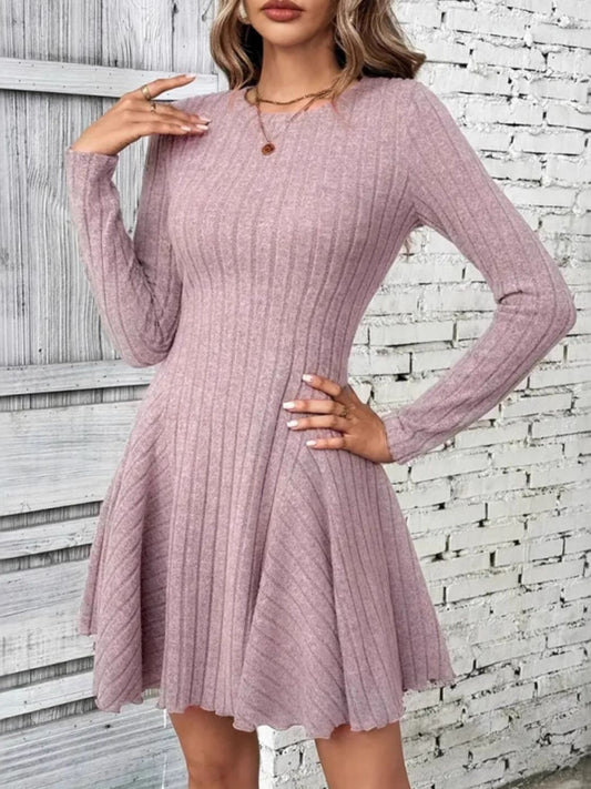 Ribbed Round Neck Long Sleeve Mini Dress - Enfance-Heureuse