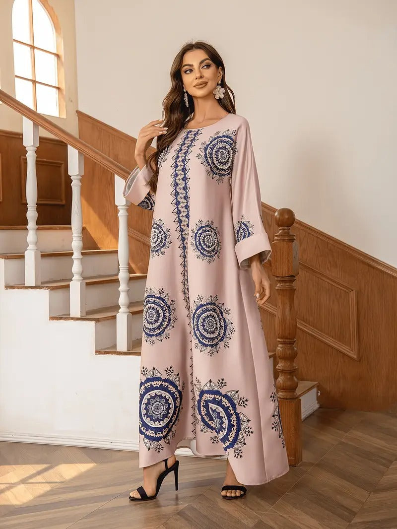 Long Women's Robe, Round Neck And Printed Dress - Enfance-Heureuse
