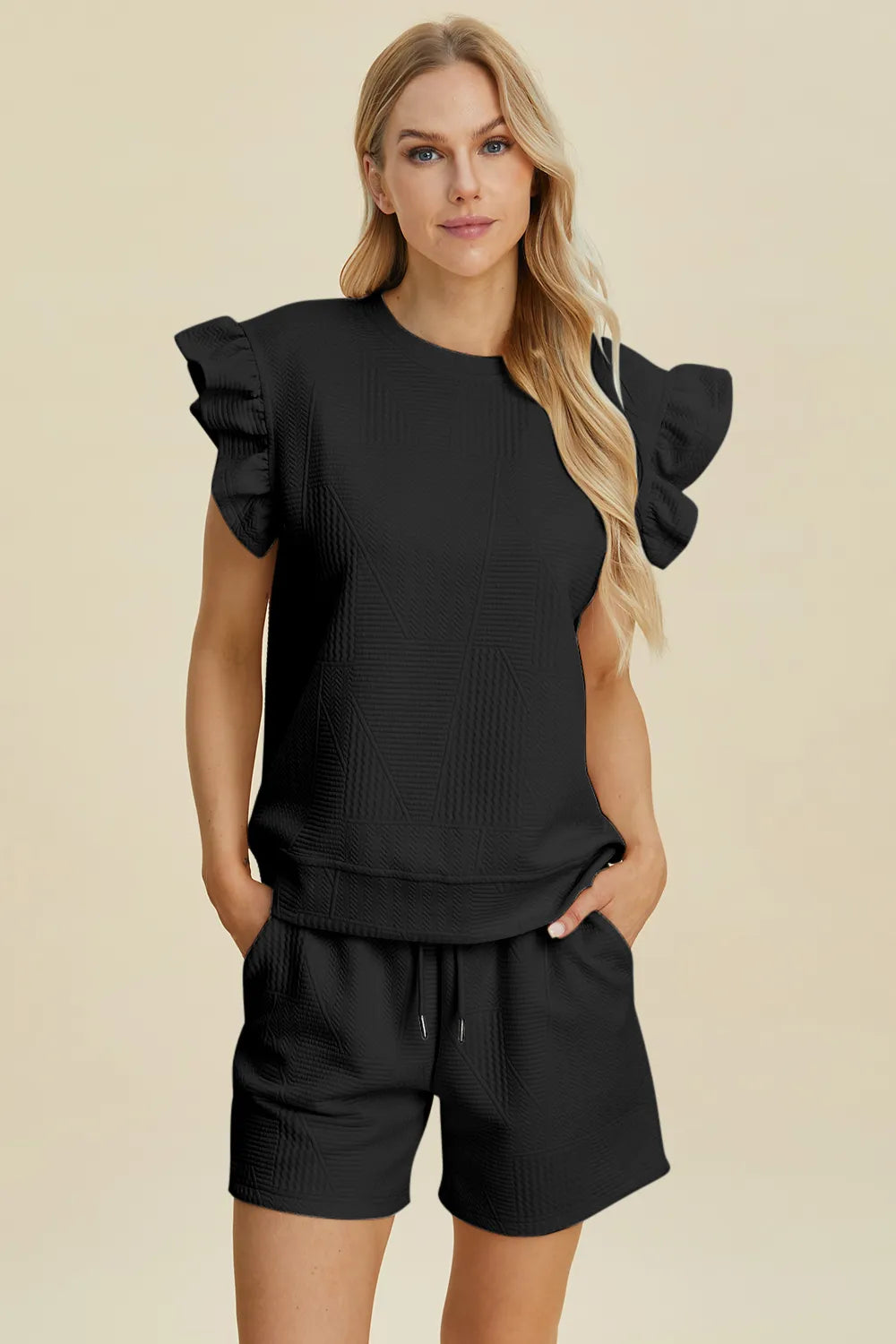Double Take Full Size Texture Round Neck Ruffle Sleeve Top and Shorts Set - Enfance-Heureuse