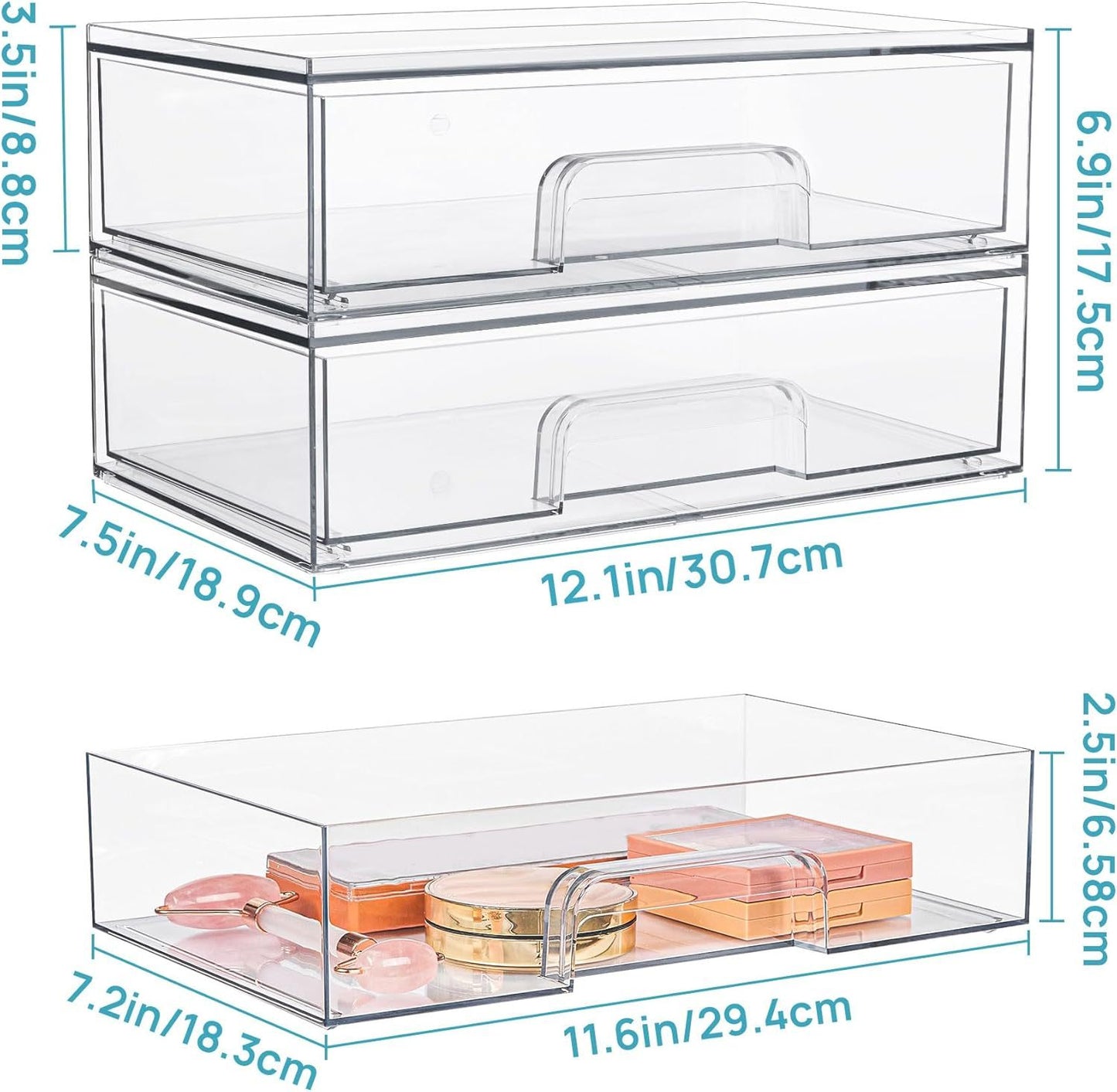 12.1in 30.7cm W Clear Stackable Storage Drawers,2 Pack Acrylic Plastic Organizers Bins For Makeup Palettes, Cosmetics, And Beauty Supplies,Ideal For Vanity, Bathroom,Cabinet,Desk Organization - Enfance-Heureuse