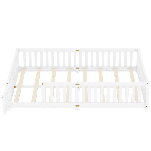 Queen Size Bed Floor Bed With Safety Guardrails And Door For Kids, White - Enfance-Heureuse