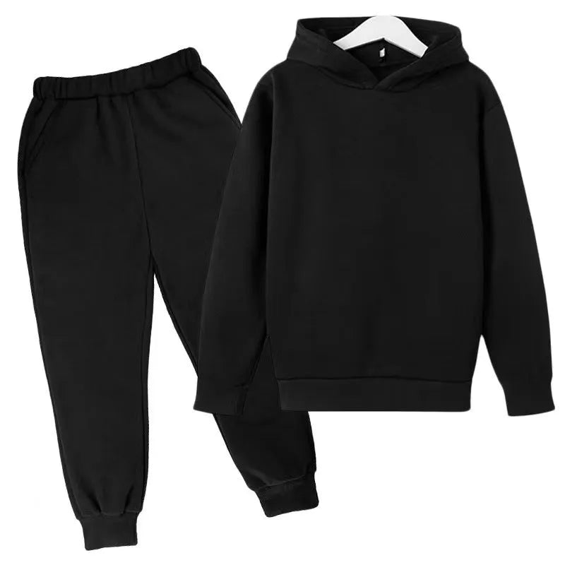 Solid Color Set With Fleece Loose Fitting Hoodie And Pants, Two-piece Set - Enfance-Heureuse
