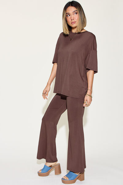 Basic Bae Full Size Bamboo Drop Shoulder T-Shirt and Flare Pants Set - Enfance-Heureuse