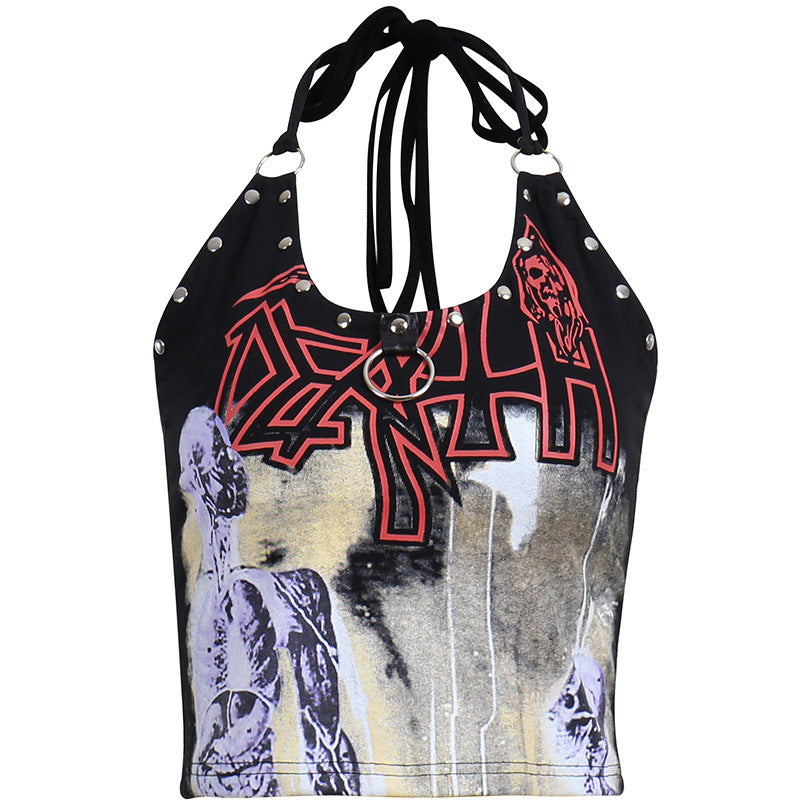 Gothic Print Studs Tight-fitting Beautiful Back Halter Sling Women - Enfance-Heureuse