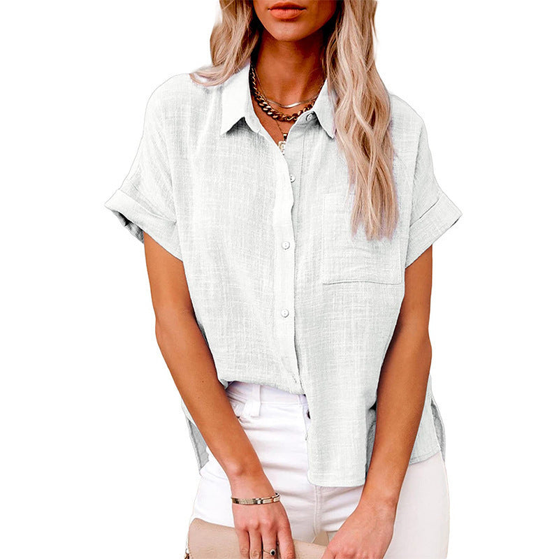 Summer Lapel Short Sleeve Shirt With Pockets Fashion Casual Solid Color Button Tops Women's Clothing - Enfance-Heureuse