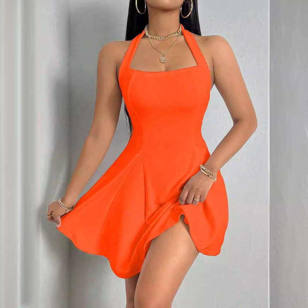Pure Color Halter Backless Sleeveless Dress - Enfance-Heureuse