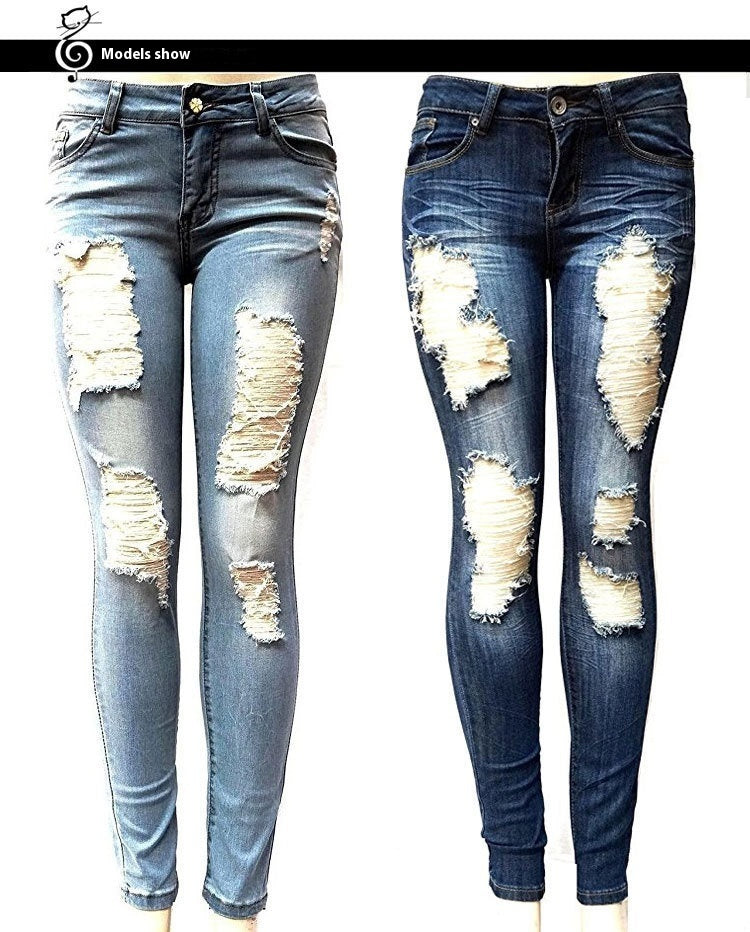 European And American Style Women Ripped Slimming Jeans - Enfance-Heureuse
