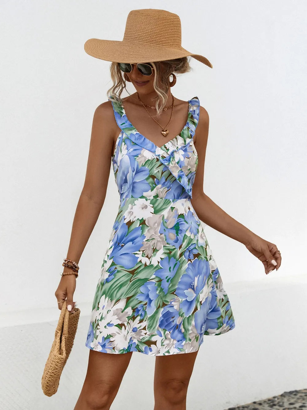 Printed Ruffled Surplice Wide Strap Mini Dress - Enfance-Heureuse