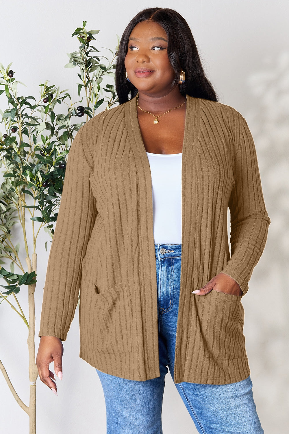 Basic Bae Full Size Ribbed Open Front Cardigan with Pockets - Enfance-Heureuse