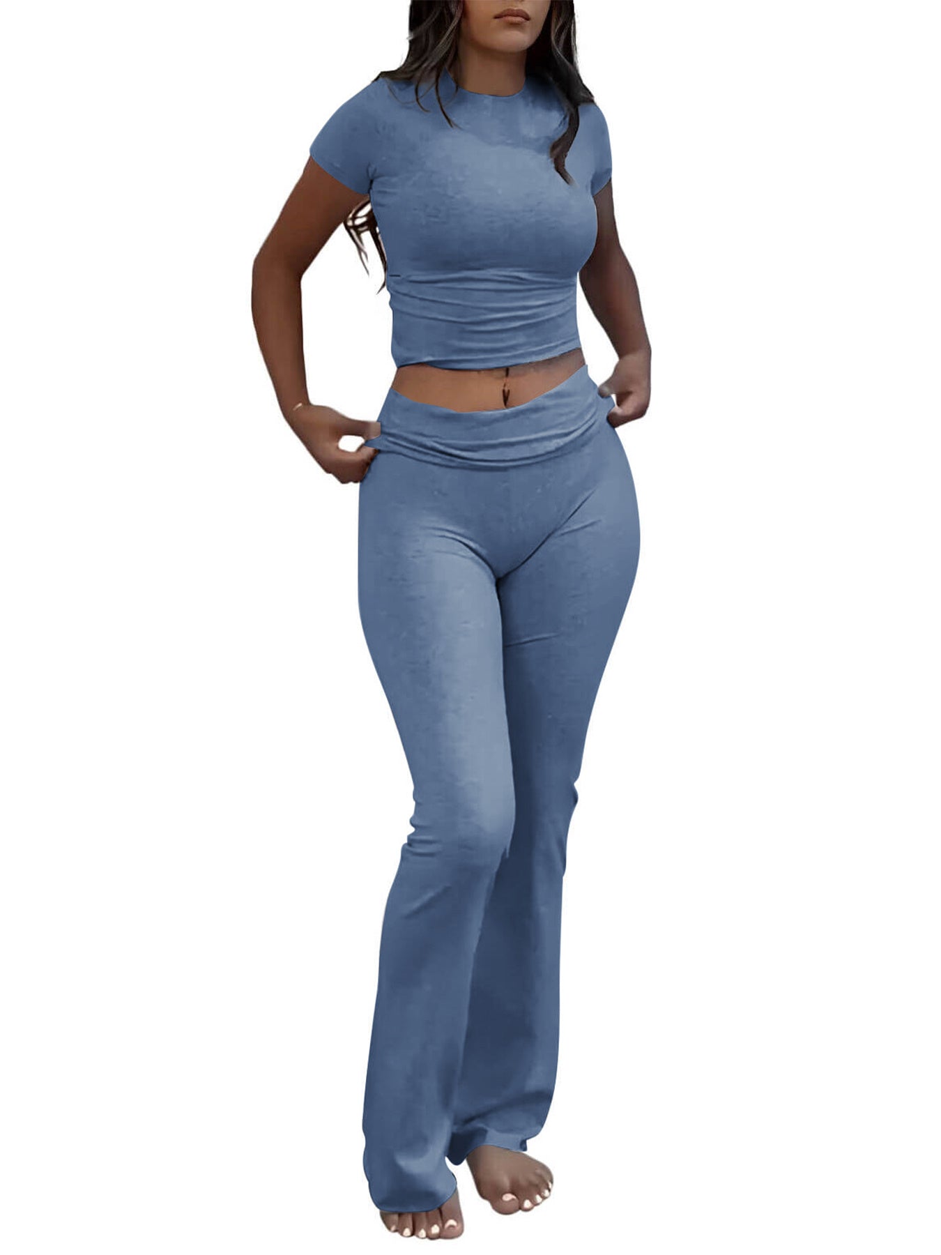 Casual Solid Color Slim Fit Two-piece Pants Set, Short Sleeved Round Neck T-shirt And Tight Flared Pants Sports Pants Clothing, Women's Clothing - Enfance-Heureuse