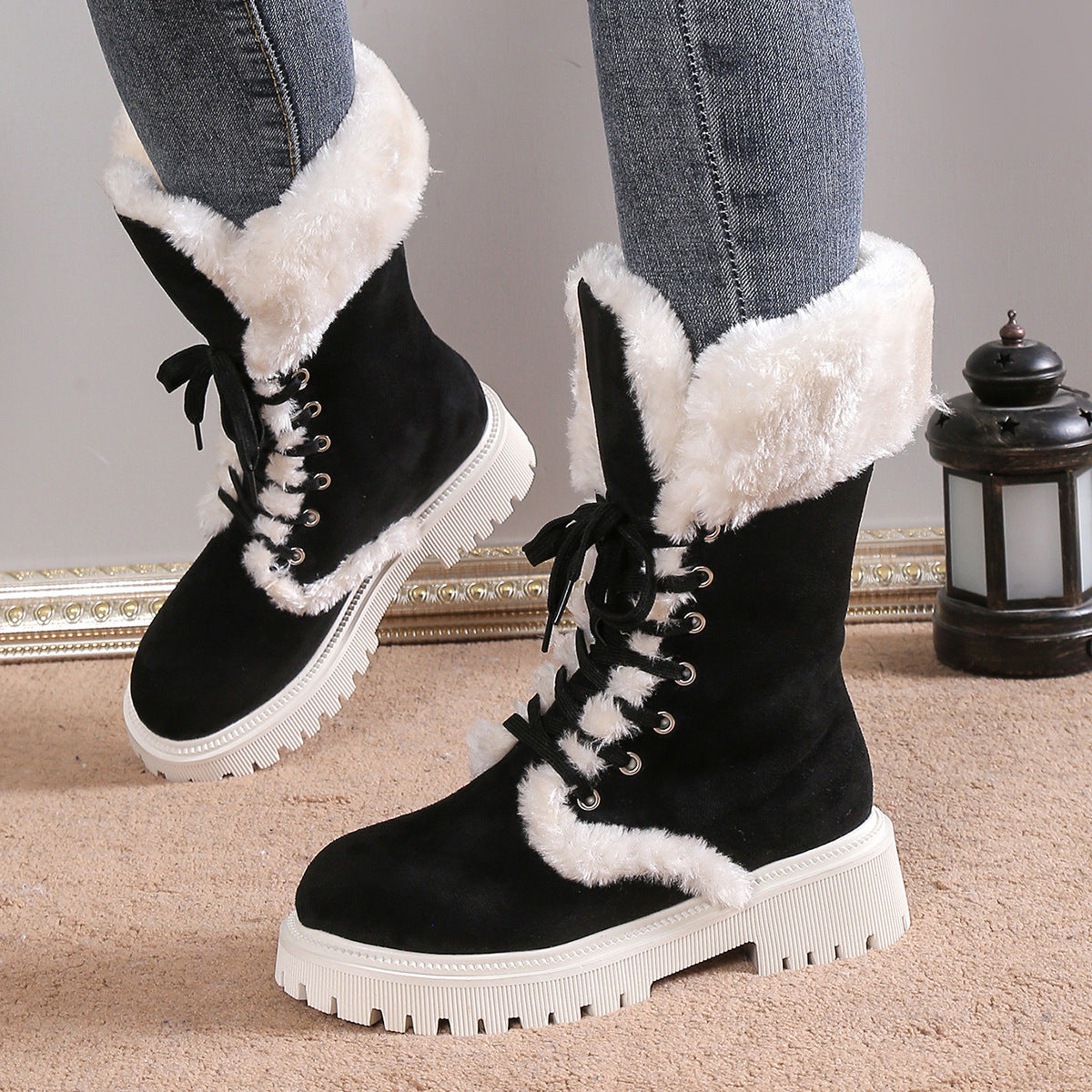 Winter Lace-up Snow Boots For Women Mid-tube Fleece Shoes Warm Chunky Heels Plush Boot - Enfance-Heureuse