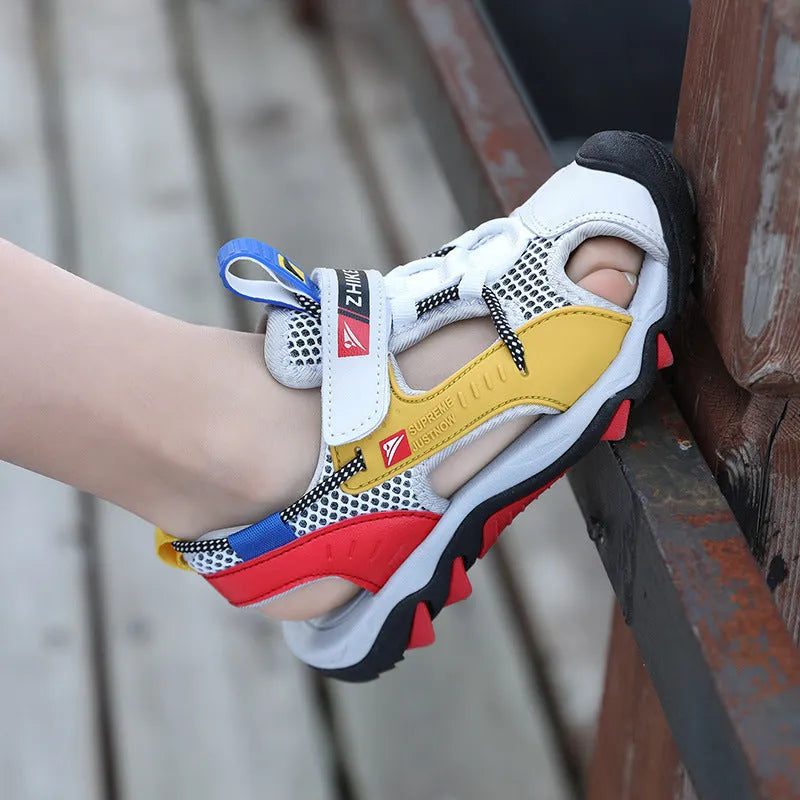 Noir Garçons Sandales Baotou Colorblock Doux Sole Chaussures De Plage - Enfance-Heureuse