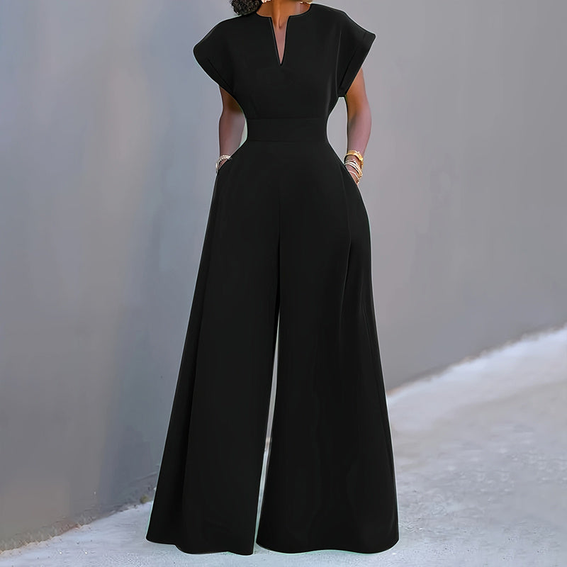 Women's V-Neck Solid Color Short Sleeve Jumpsuit Wide Leg A-Line Waist Tied Casual Summer Outfit - Enfance-Heureuse