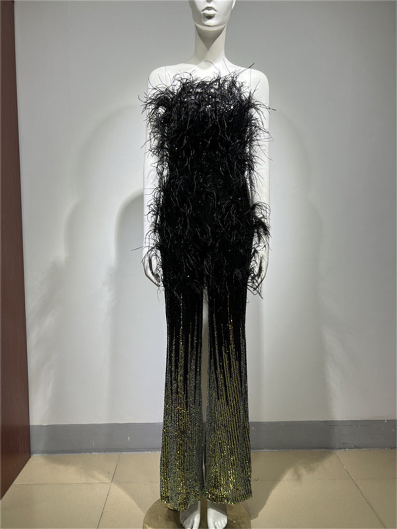 Ostrich Feather Gradient Sequin Tube Top Jumpsuit - Enfance-Heureuse