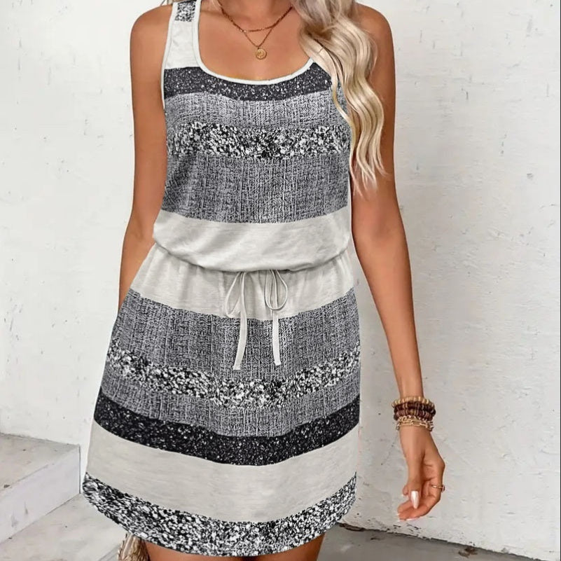 New Summer Plaid Striped Round Neck U-neck Vest Dress - Enfance-Heureuse
