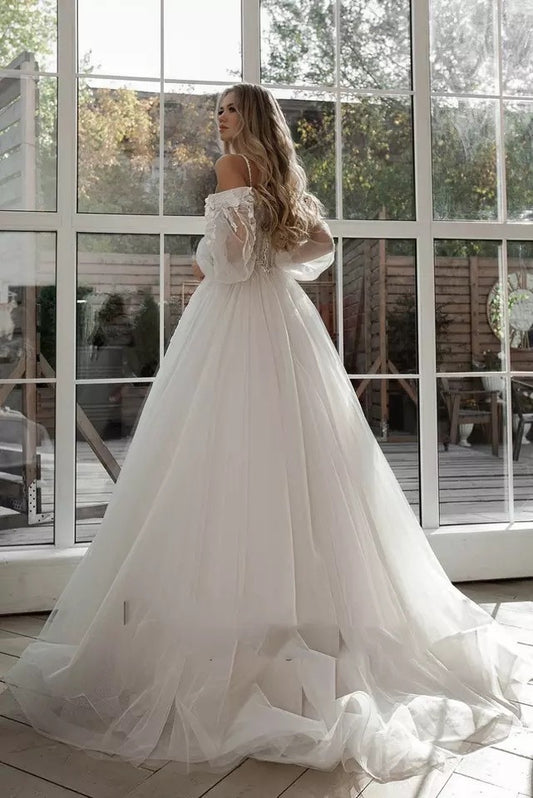 Boho Bride Gown Puff Sleeve Off Shoulder Wedding Dresses - Enfance-Heureuse